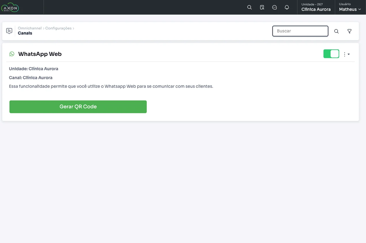 Tela de configuração do canal de WhatsApp